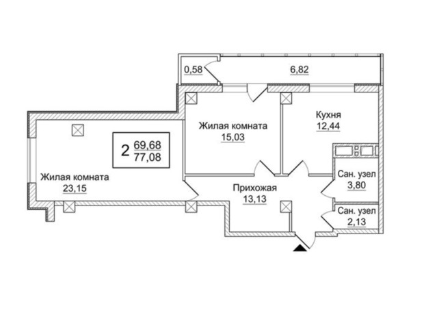 ЖК Слобожанський квартал: планування 2-кімнатної квартири 77.08 м²