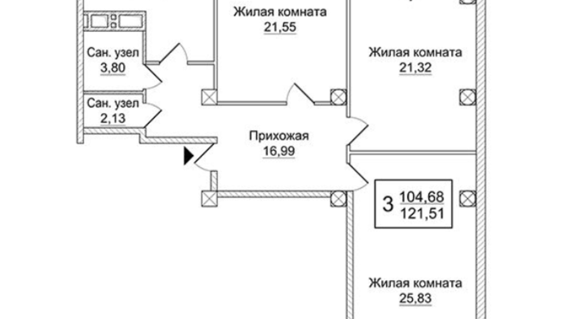 Планировка 3-комнатной квартиры в ЖК Слобожанский квартал 121.51 м², фото 223559