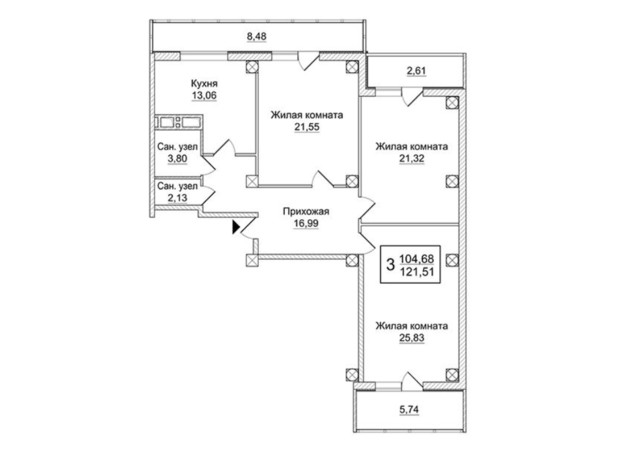 ЖК Слобожанский квартал: планировка 3-комнатной квартиры 121.51 м²