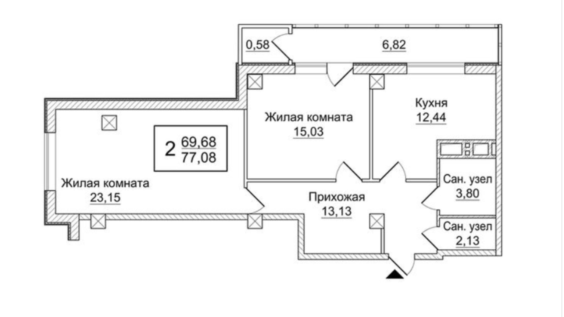 Планировка 2-комнатной квартиры в ЖК Слобожанский квартал 77.08 м², фото 223561