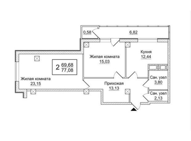 ЖК Слобожанский квартал: планировка 2-комнатной квартиры 77.08 м²