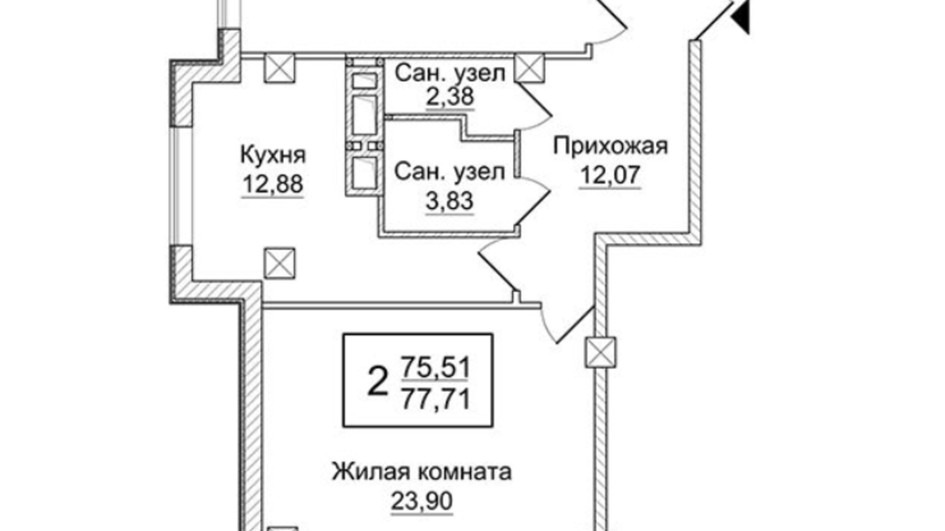 Планировка 2-комнатной квартиры в ЖК Слобожанский квартал 77.71 м², фото 223562