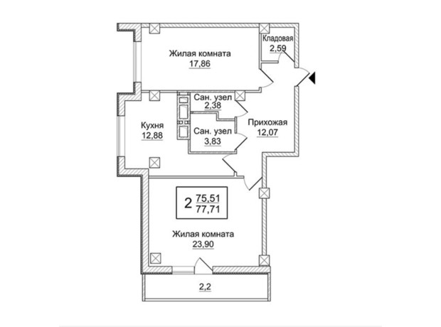 ЖК Слобожанский квартал: планировка 2-комнатной квартиры 77.71 м²