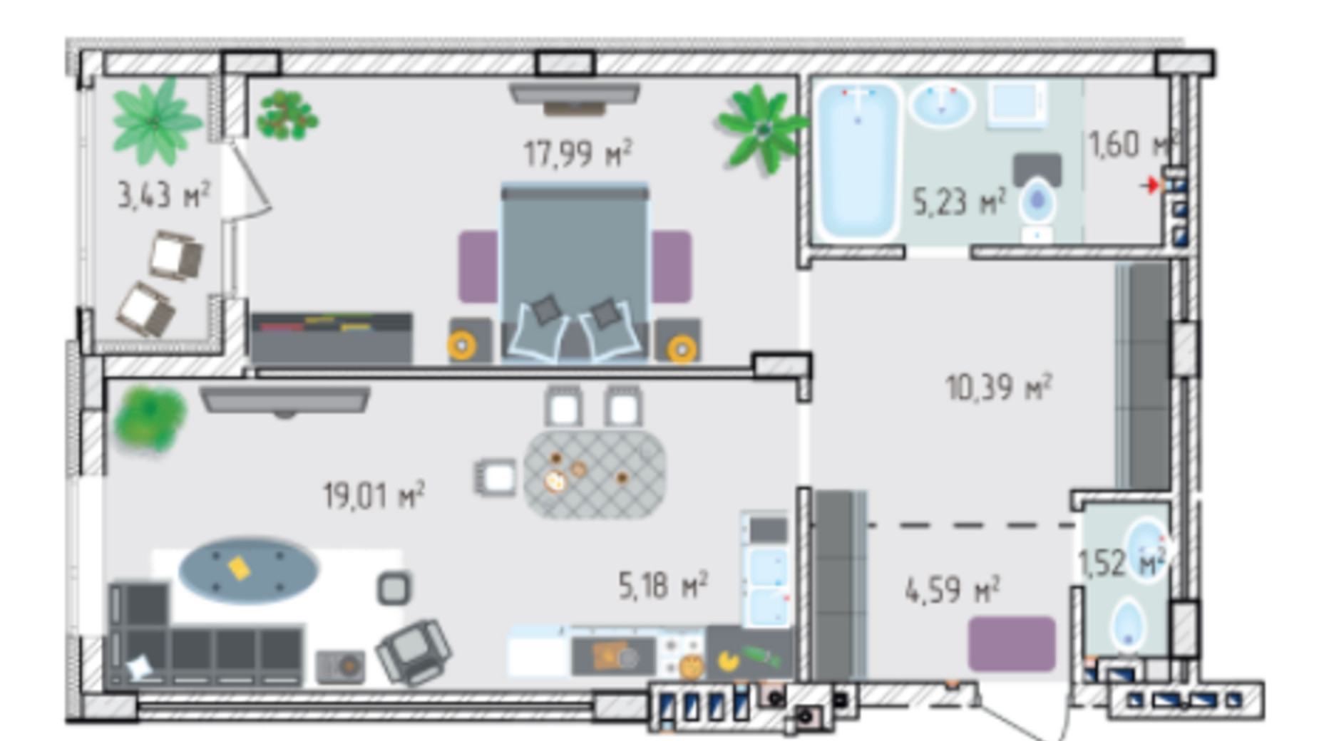 Планировка 2-комнатной квартиры в ЖК Лавандовый 69.03 м², фото 223706