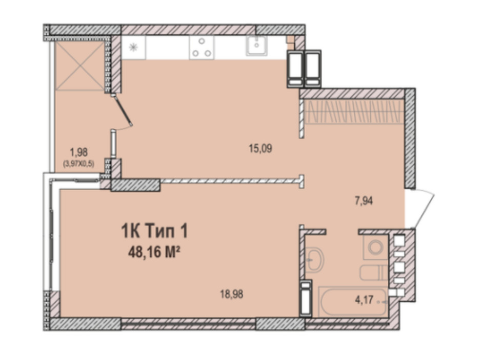 Планировка 1-комнатной квартиры в ЖК Krona Park 2 48.45 м², фото 223767 Планировка 1-комнатной квартиры в ЖК Krona Park 2 48.45 м², фото 223767