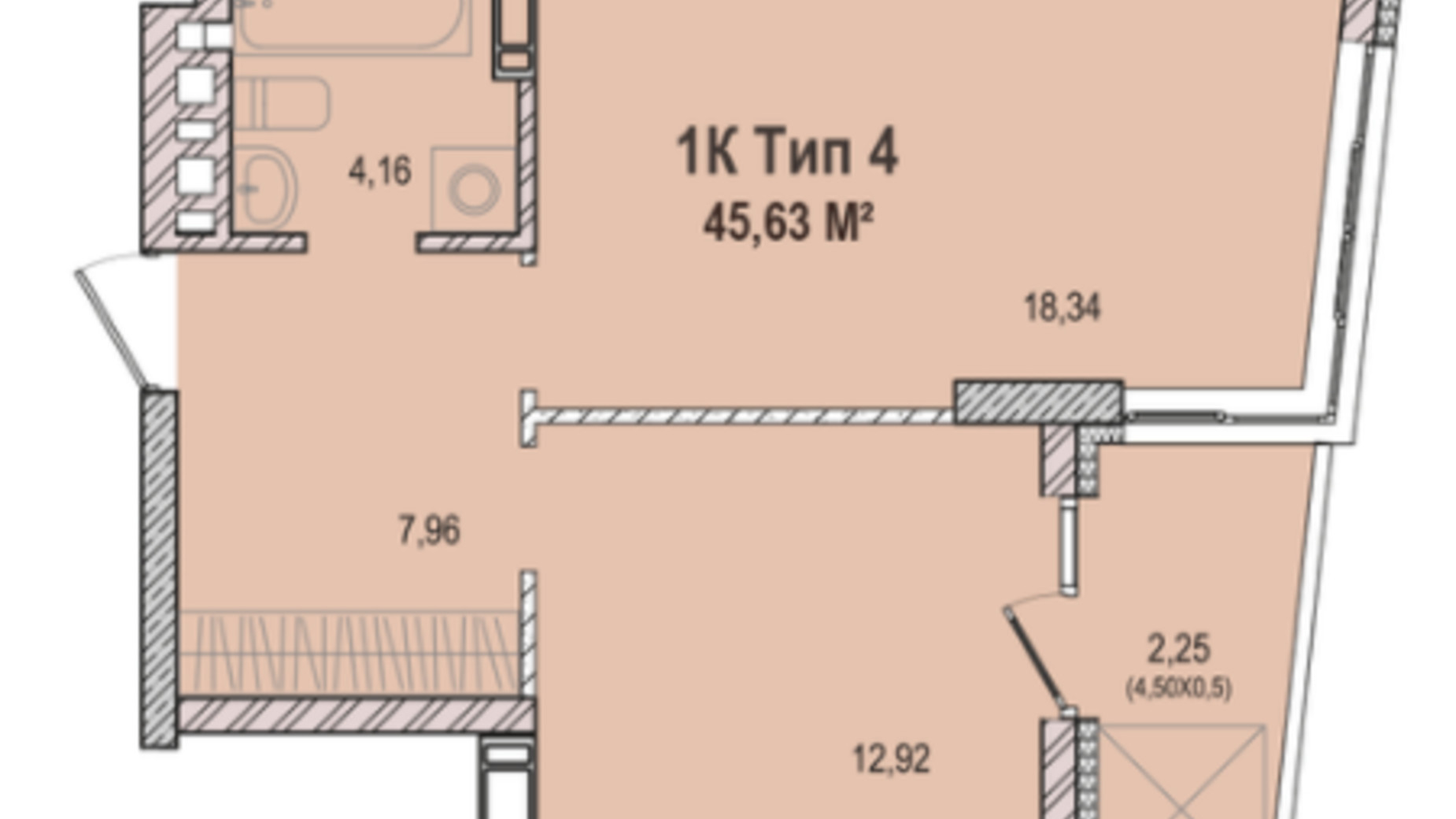 Планування 1-кімнатної квартири в ЖК Krona Park 2 46.73 м², фото 223770