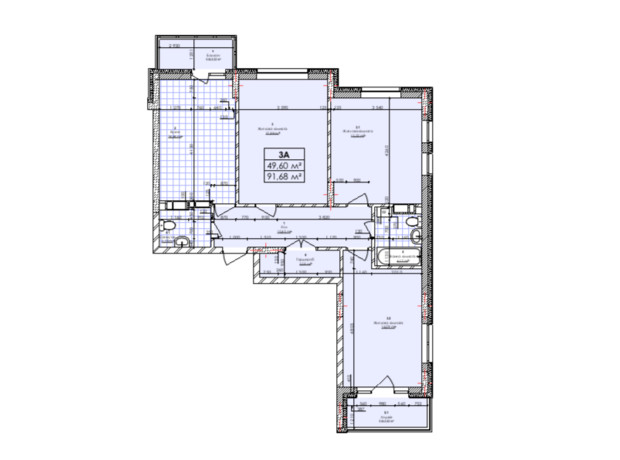 ЖК Бережанский: планировка 3-комнатной квартиры 91.68 м²