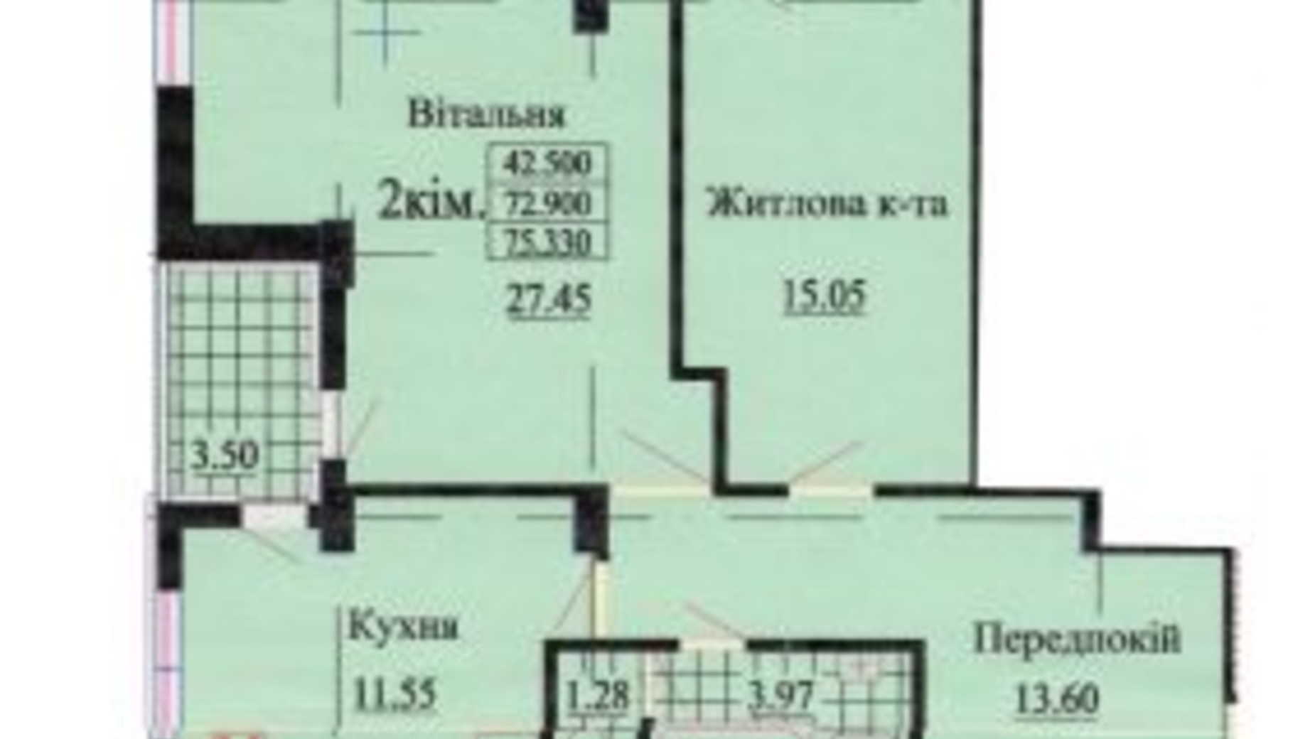 Планировка 2-комнатной квартиры в ЖК ул. Роксоланы, 16 75.3 м², фото 223953