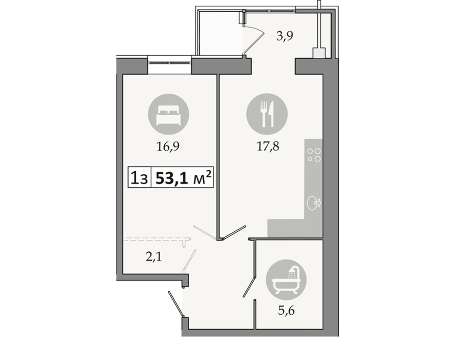 Планировка 1-комнатной квартиры в ЖК Днепровская Брама 2 53.1 м², фото 223986 Планировка 1-комнатной квартиры в ЖК Днепровская Брама 2 53.1 м², фото 223986