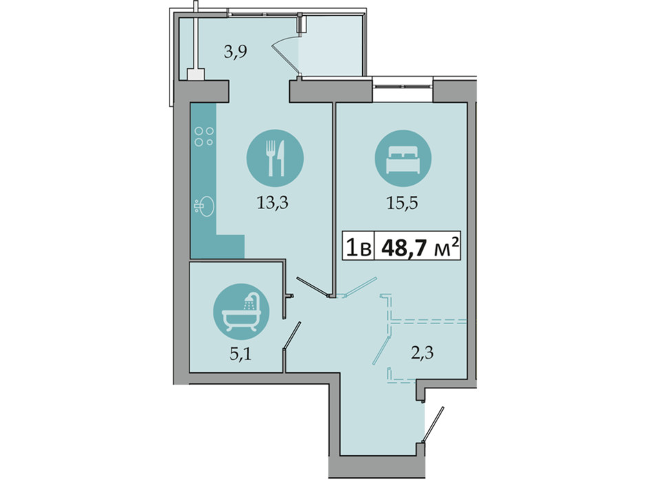 Планировка 1-комнатной квартиры в ЖК Днепровская Брама 2 48.7 м², фото 223990 Планировка 1-комнатной квартиры в ЖК Днепровская Брама 2 48.7 м², фото 223990