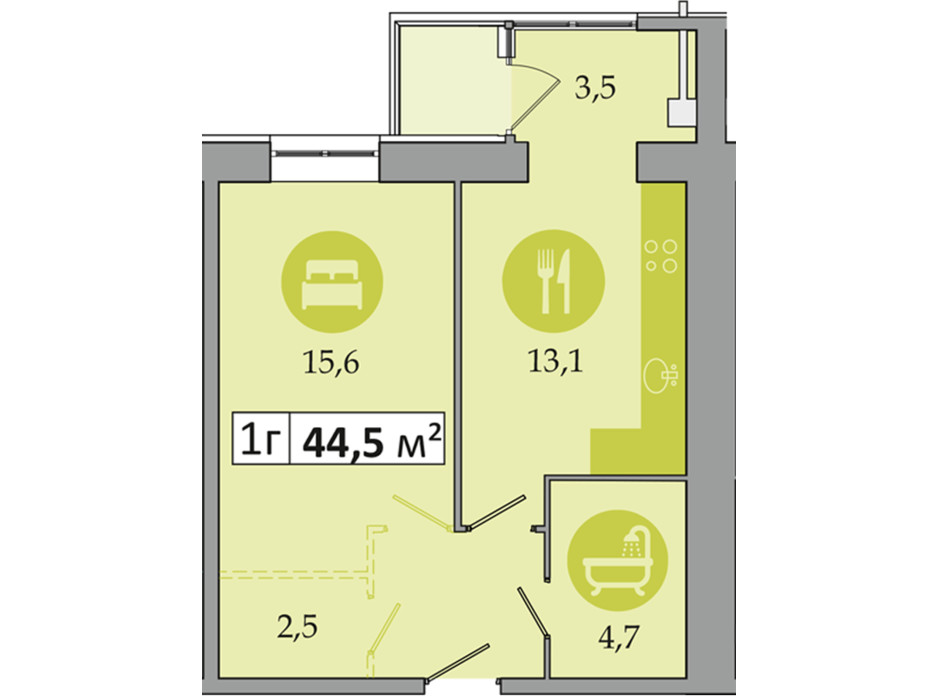 Планировка 1-комнатной квартиры в ЖК Днепровская Брама 2 44.5 м², фото 223999 Планировка 1-комнатной квартиры в ЖК Днепровская Брама 2 44.5 м², фото 223999