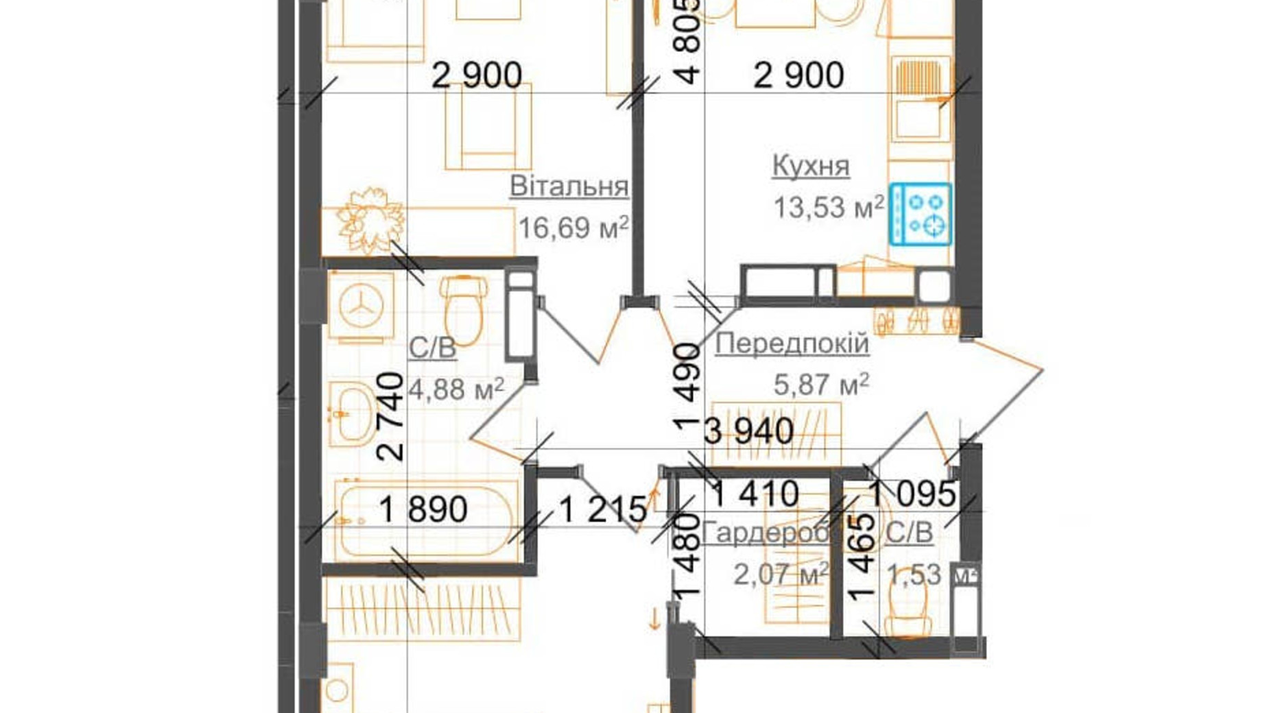 Планування 2-кімнатної квартири в ЖК Гостомель Residence 64.37 м², фото 224049