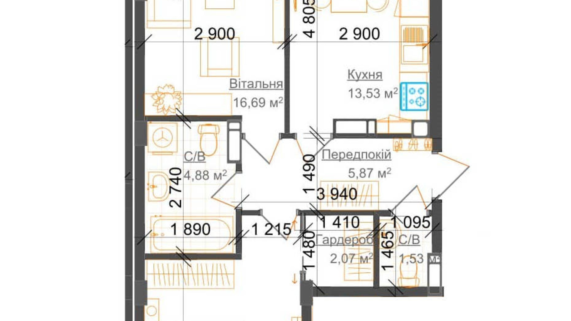 Планировка 2-комнатной квартиры в ЖК Гостомель Residence 64.61 м², фото 224050