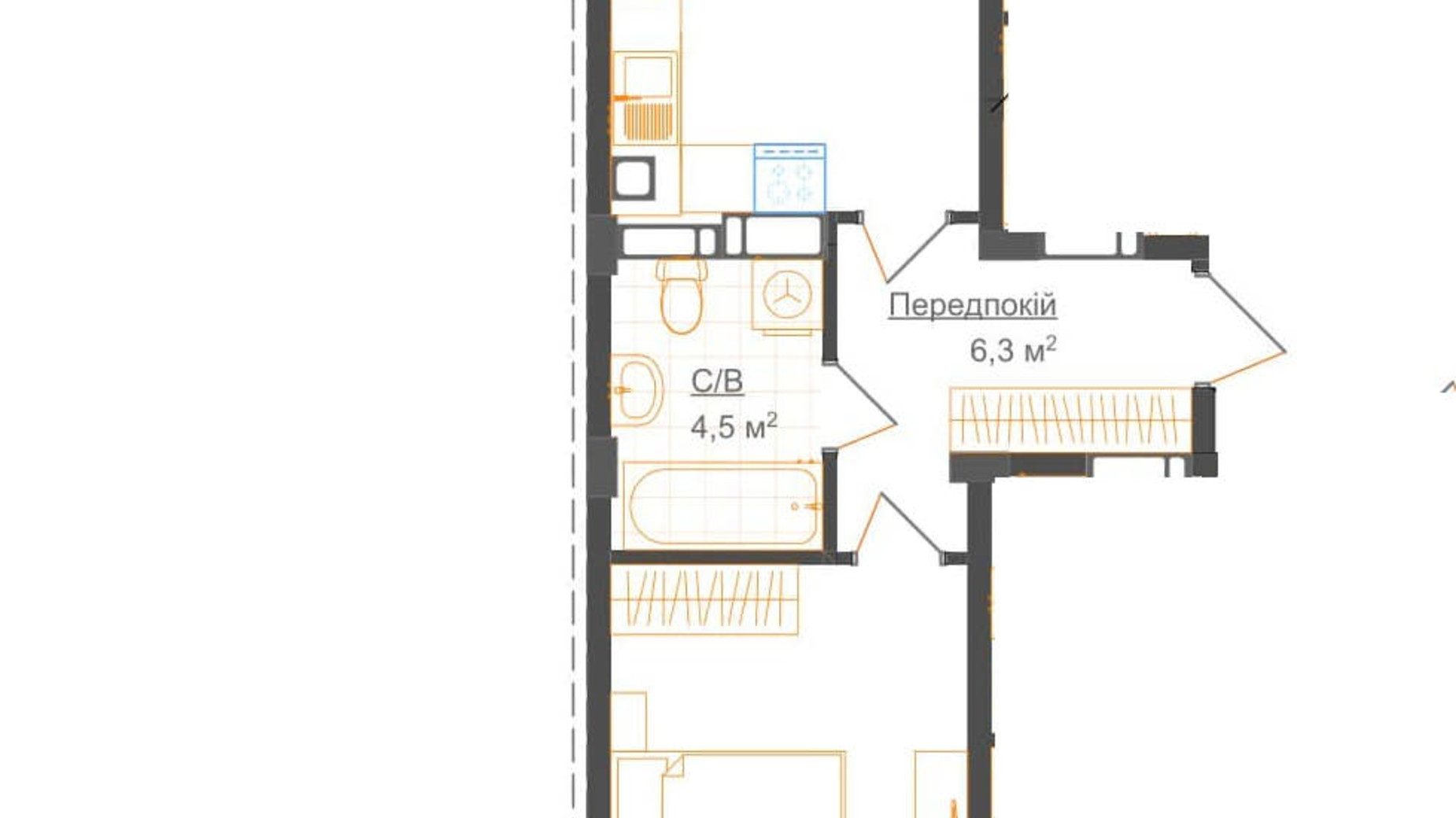 Планировка 1-комнатной квартиры в ЖК Гостомель Residence 42.7 м², фото 224052