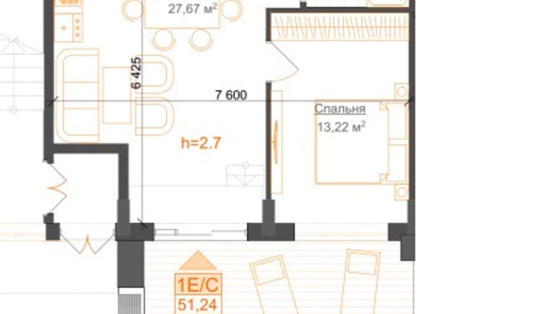 Планировка 1-комнатной квартиры в ЖК Гостомель Residence 51.24 м², фото 224053