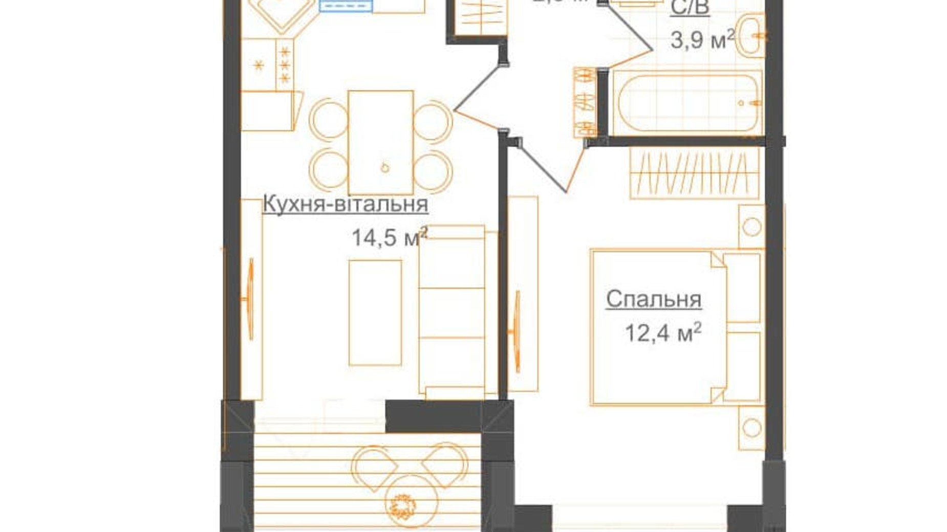 Планування 1-кімнатної квартири в ЖК Гостомель Residence 39.35 м², фото 224054