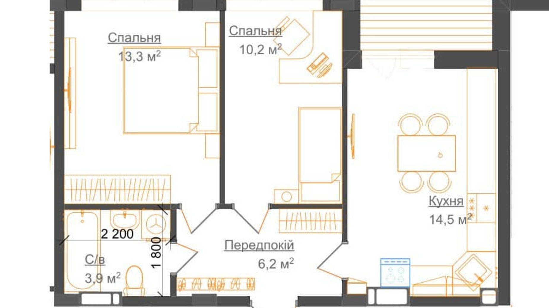 Планировка 1-комнатной квартиры в ЖК Гостомель Residence 45.6 м², фото 224055