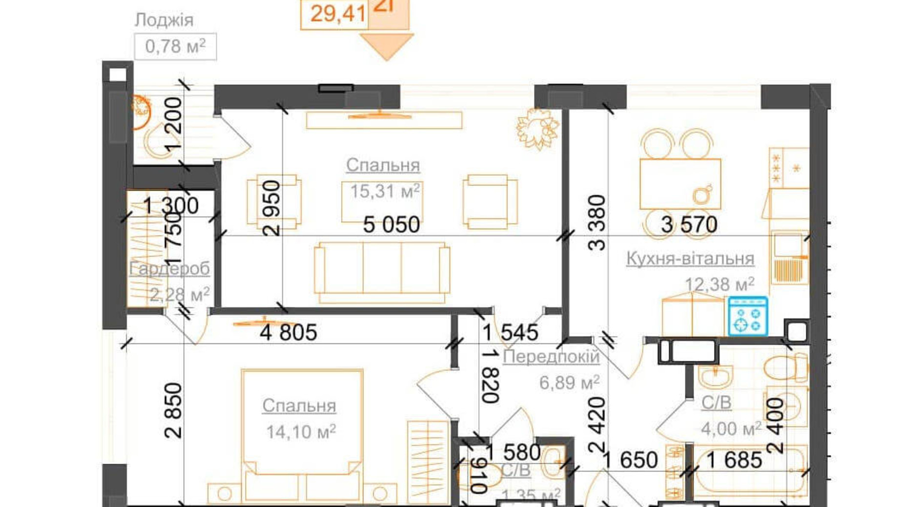 Планування 2-кімнатної квартири в ЖК Гостомель Residence 57.01 м², фото 224058