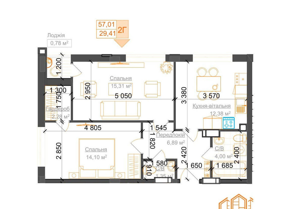 Планировка 2-комнатной квартиры в ЖК Гостомель Residence 57.01 м², фото 224058 Планировка 2-комнатной квартиры в ЖК Гостомель Residence 57.01 м², фото 224058