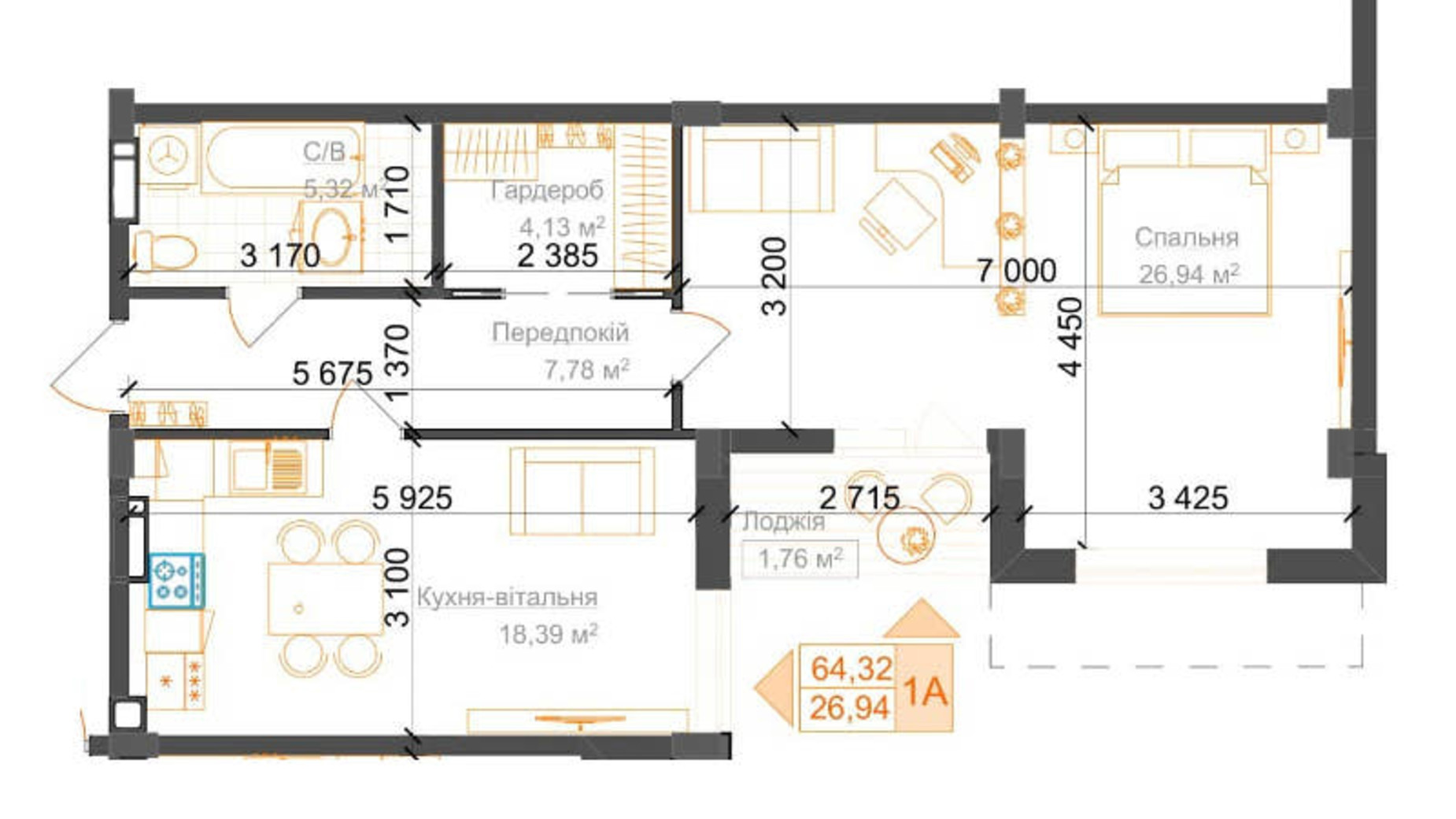 Планировка 2-комнатной квартиры в ЖК Гостомель Residence 64.32 м², фото 224059