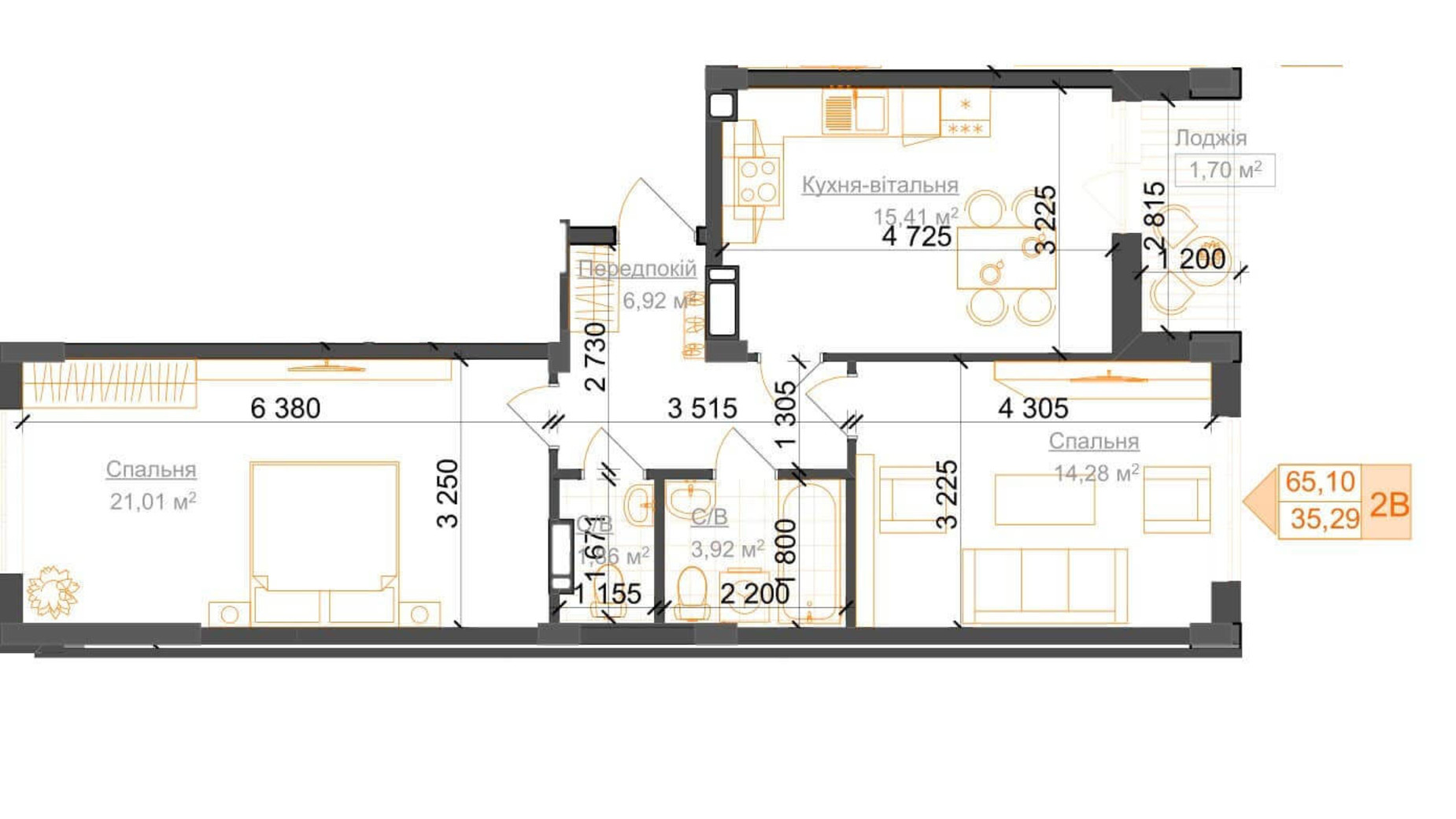 Планування 2-кімнатної квартири в ЖК Гостомель Residence 65.1 м², фото 224060