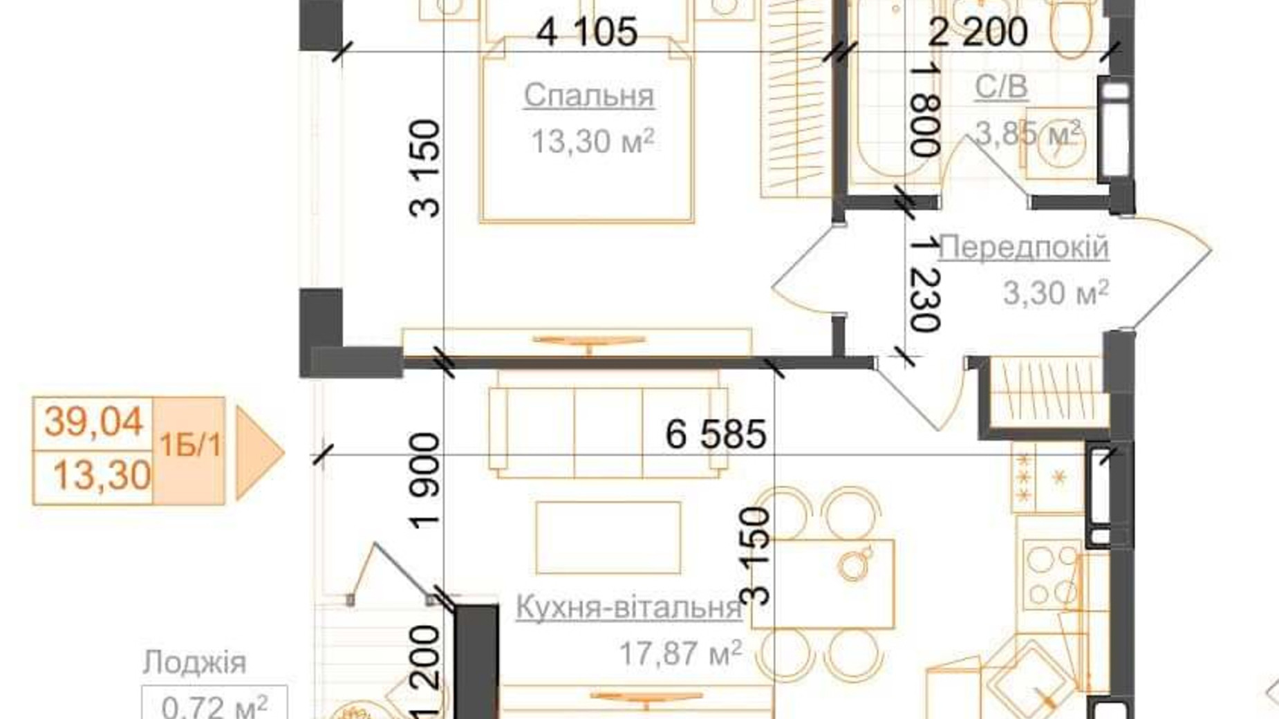 Планування 1-кімнатної квартири в ЖК Гостомель Residence 39.04 м², фото 224061