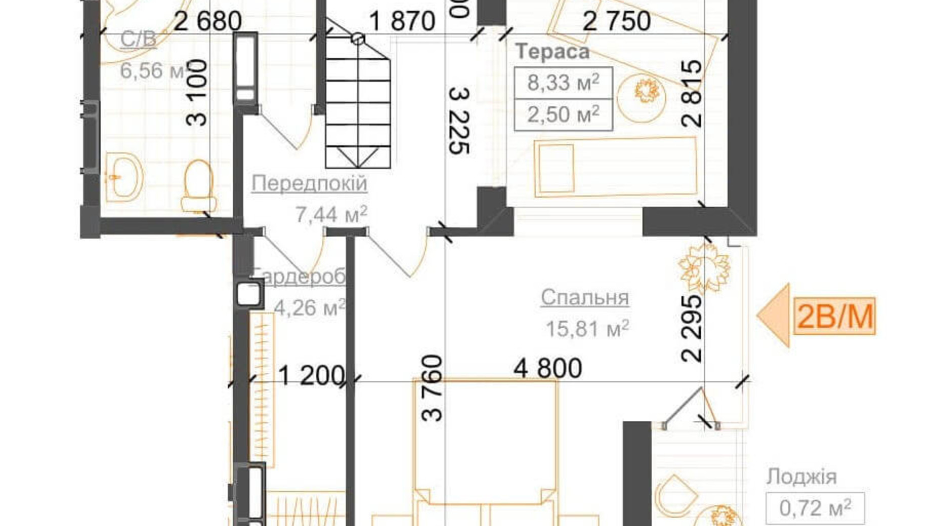 Планировка 2-комнатной квартиры в ЖК Гостомель Residence 74.71 м², фото 224066