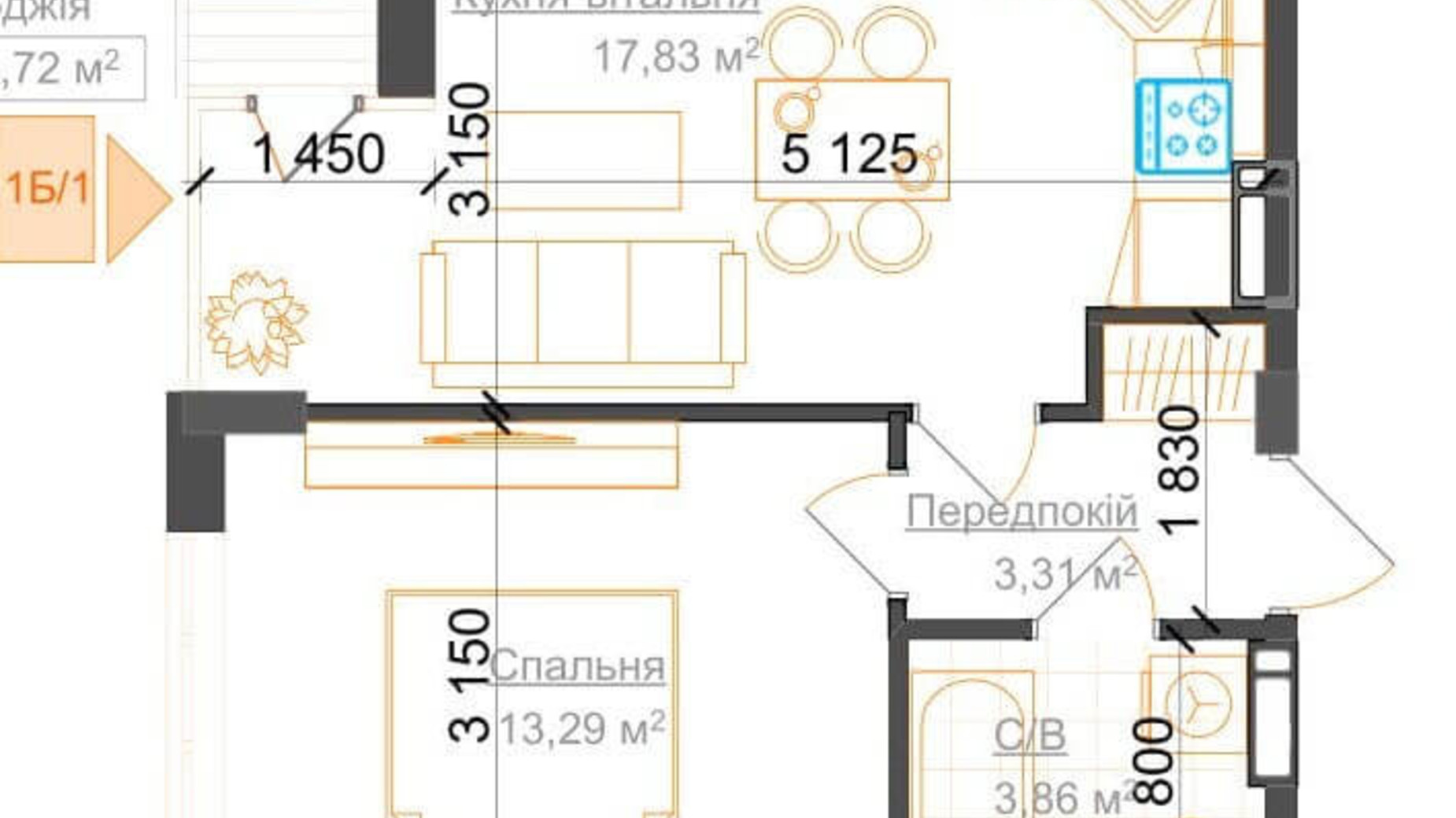 Планировка 1-комнатной квартиры в ЖК Гостомель Residence 39.01 м², фото 224075