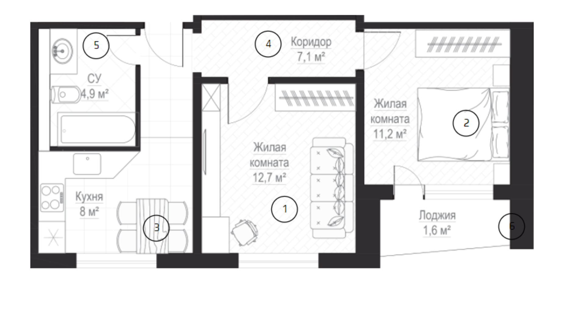 Планировка 2-комнатной квартиры в ЖК Металлист 44.4 м², фото 224116