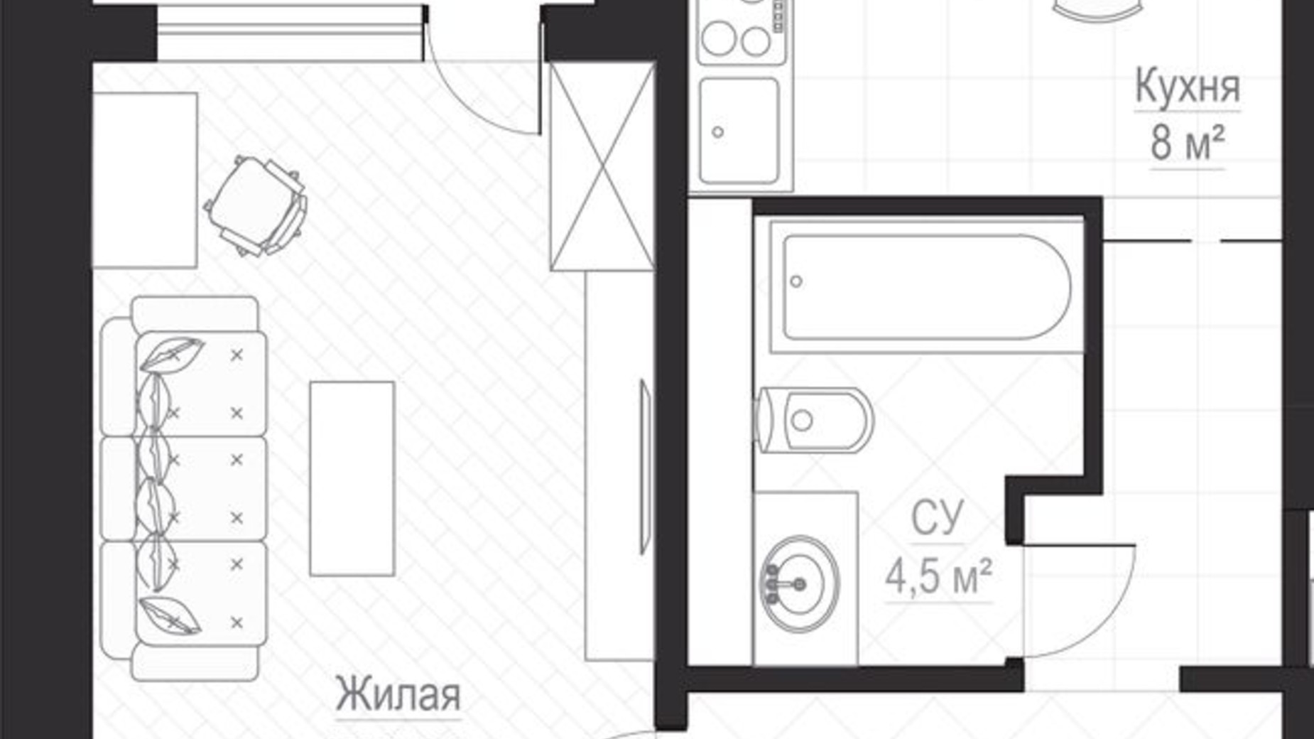 Планировка 1-комнатной квартиры в ЖК Металлист 38.4 м², фото 224134