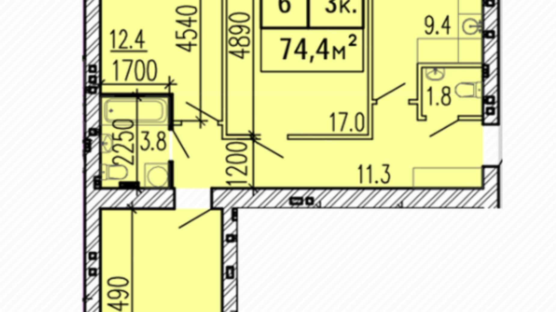 Планировка 3-комнатной квартиры в ЖК Затишний 74.4 м², фото 224145