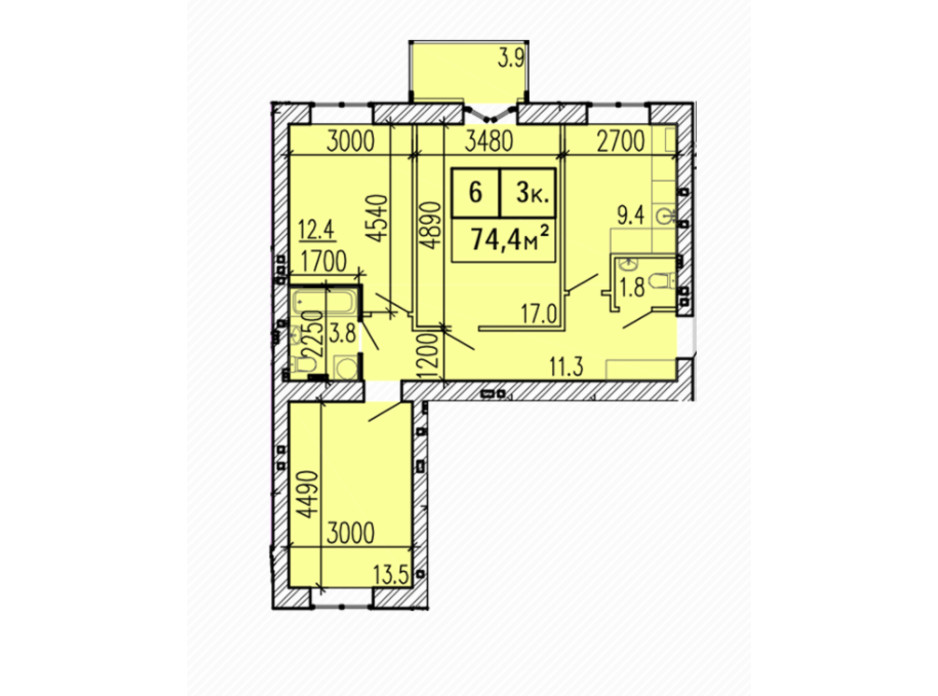 Планировка 3-комнатной квартиры в ЖК Затишний 74.4 м², фото 224145 Планировка 3-комнатной квартиры в ЖК Затишний 74.4 м², фото 224145