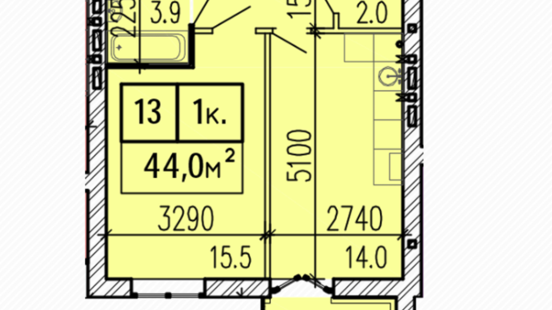 Планировка 1-комнатной квартиры в ЖК Затишний 44 м², фото 224149