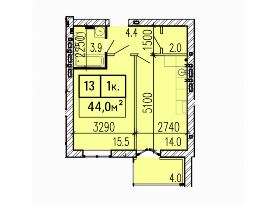 Планировка 1-комнатной квартиры в ЖК Затишний 44 м², фото 224149 Планировка 1-комнатной квартиры в ЖК Затишний 44 м², фото 224149