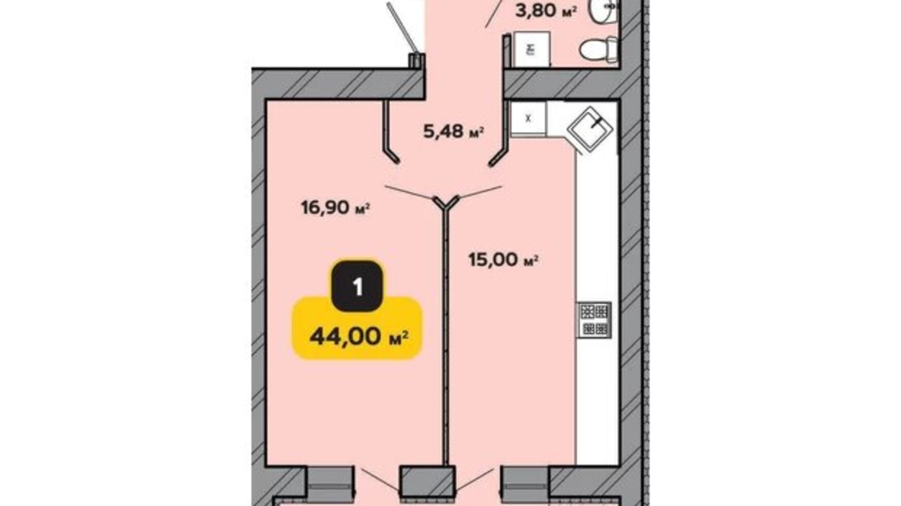 Планировка 1-комнатной квартиры в ЖК Студенческий 44 м², фото 224168