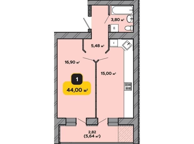ЖК Студенческий: планировка 1-комнатной квартиры 44 м²