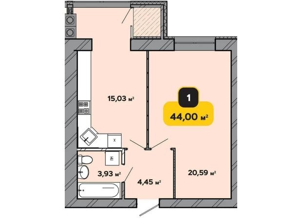 ЖК Студентський: планування 1-кімнатної квартири 44 м²