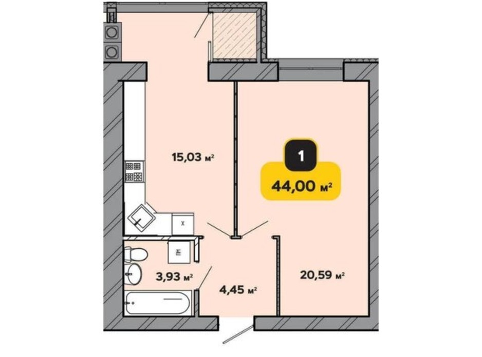 Планування 1-кімнатної квартири в ЖК Студентський 44 м², фото 224169 Планування 1-кімнатної квартири в ЖК Студентський 44 м², фото 224169