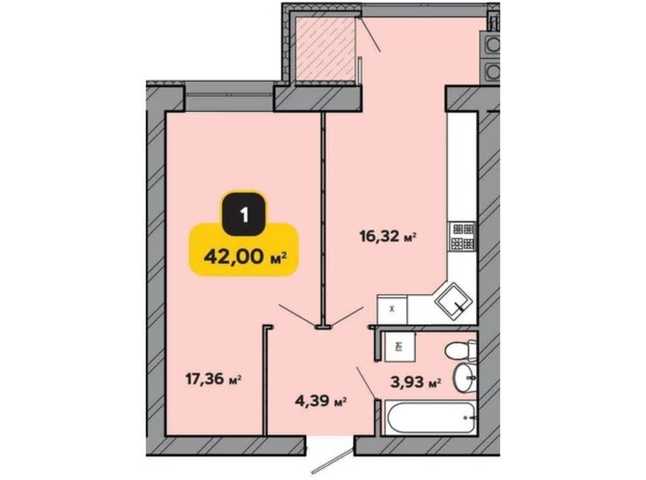 Планировка 1-комнатной квартиры в ЖК Студенческий 42 м², фото 224171 Планировка 1-комнатной квартиры в ЖК Студенческий 42 м², фото 224171