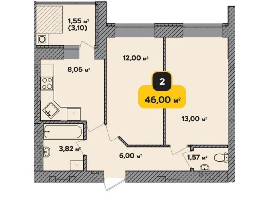 Планування 2-кімнатної квартири в ЖК Студентський 46 м², фото 224174 Планування 2-кімнатної квартири в ЖК Студентський 46 м², фото 224174