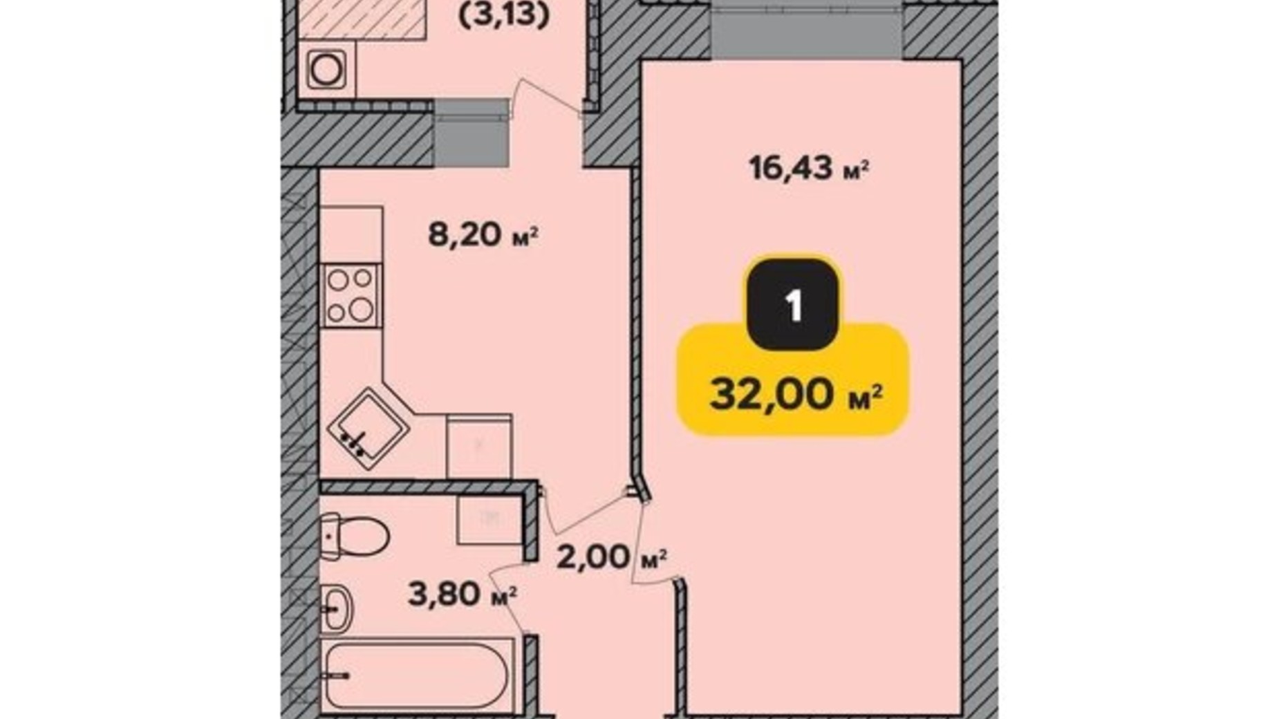 Планування 1-кімнатної квартири в ЖК Студентський 32 м², фото 224176