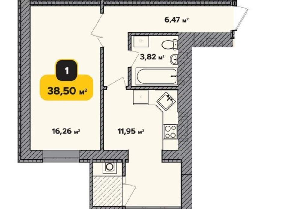 Планування 1-кімнатної квартири в ЖК Студентський 38.5 м², фото 224178 Планування 1-кімнатної квартири в ЖК Студентський 38.5 м², фото 224178