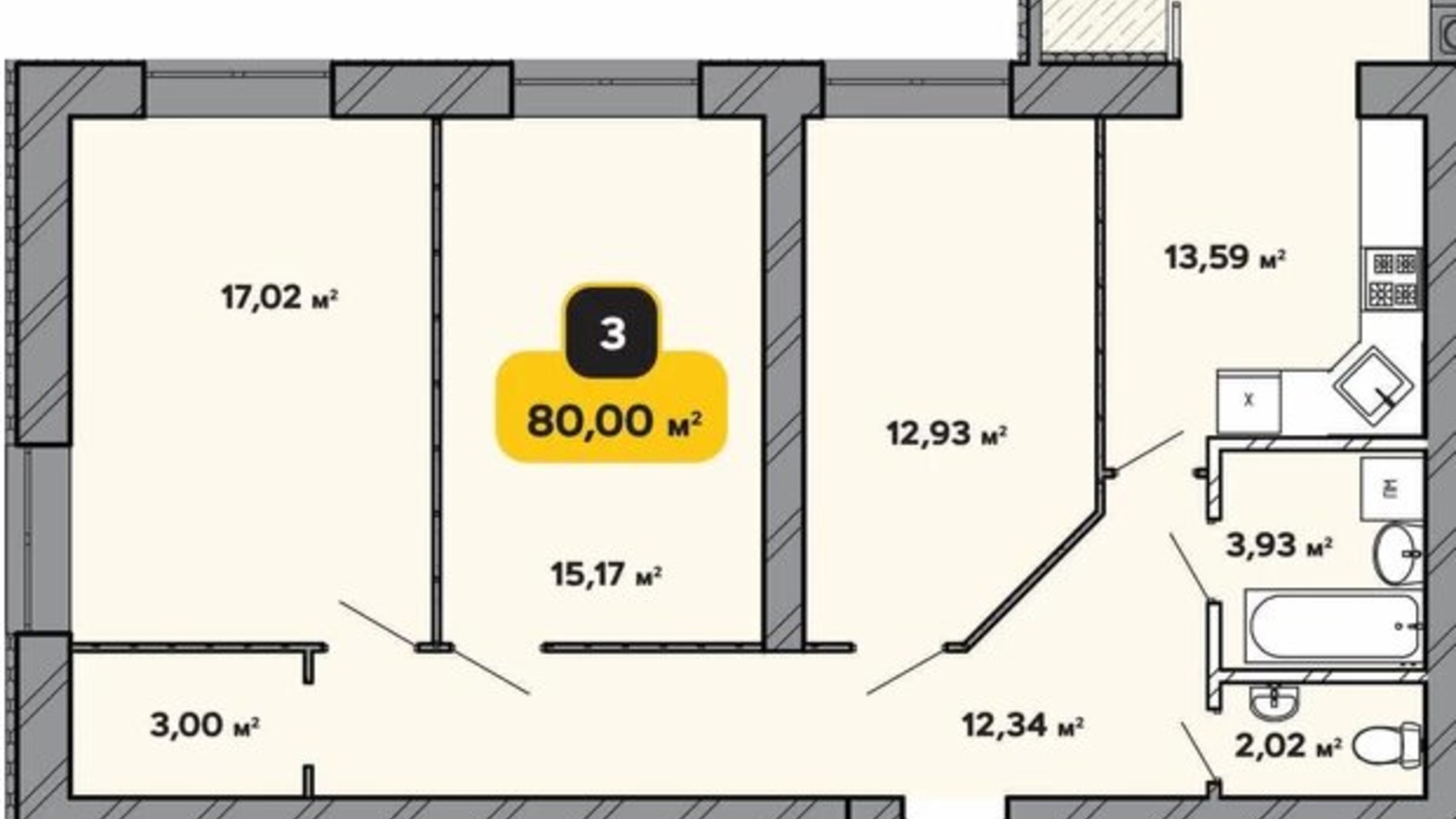 Планування 3-кімнатної квартири в ЖК Студентський 80 м², фото 224180