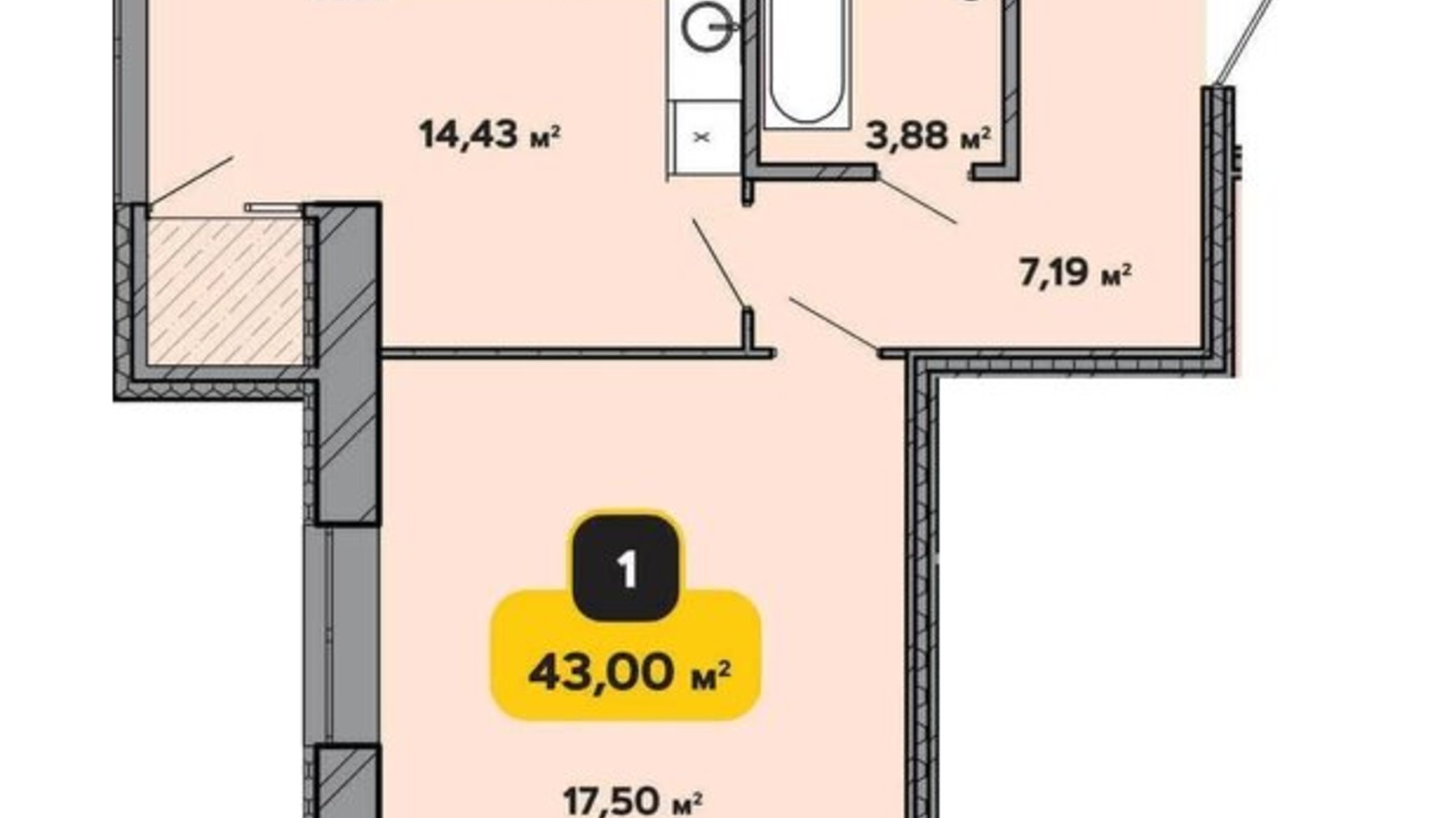 Планировка 1-комнатной квартиры в ЖК Студенческий 43 м², фото 224182