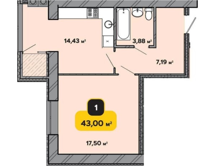 Планування 1-кімнатної квартири в ЖК Студентський 43 м², фото 224182 Планування 1-кімнатної квартири в ЖК Студентський 43 м², фото 224182