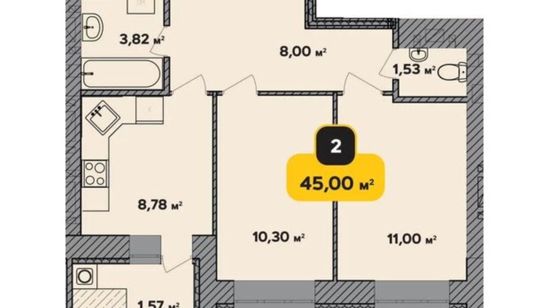 Планировка 2-комнатной квартиры в ЖК Студенческий 45 м², фото 224184