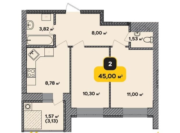 ЖК Студентський: планування 2-кімнатної квартири 45 м²