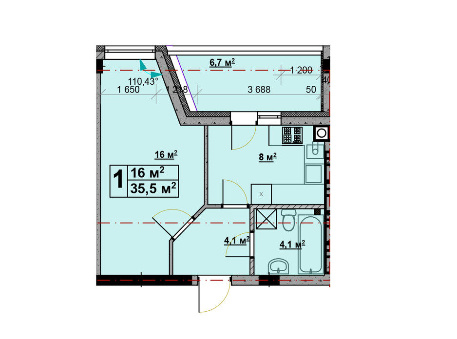 Планування 1-кімнатної квартири в ЖК Vlasna (Власна) 35.5 м², фото 224272 Планування 1-кімнатної квартири в ЖК Vlasna (Власна) 35.5 м², фото 224272