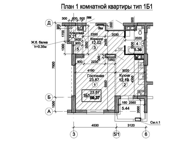 ЖК Триумф: планировка 1-комнатной квартиры 63.05 м²