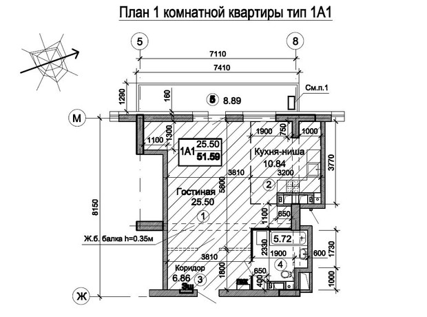 ЖК Тріумф: планування 1-кімнатної квартири 58.19 м²